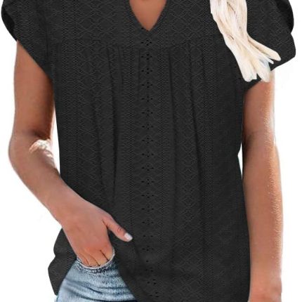 Women's Casual Dressy Short Petal Sleeve Shirts Pleated Fashion Front Key Hole Scoop Neck Floral Print Loose Fit Tops