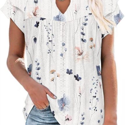 Women's Casual Dressy Short Petal Sleeve Shirts Pleated Fashion Front Key Hole Scoop Neck Floral Print Loose Fit Tops