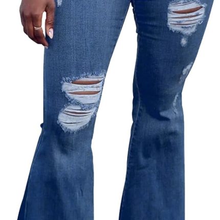 Women's Ripped Jeans Bell Bottom Flare Jeans Mid Rise Destroyed Hem Denim Pants