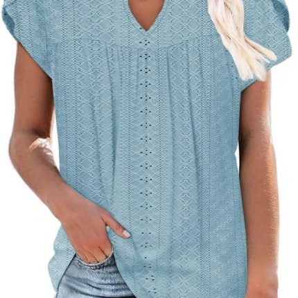 Women's Casual Dressy Short Petal Sleeve Shirts Pleated Fashion Front Key Hole Scoop Neck Floral Print Loose Fit Tops