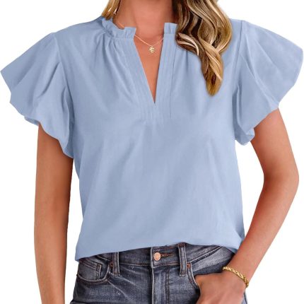 Women's Spring Summer Tops Dressy Casual 2025 Trendy V Neck Puff Short Sleeve Cute Shirts Business Work Blouses