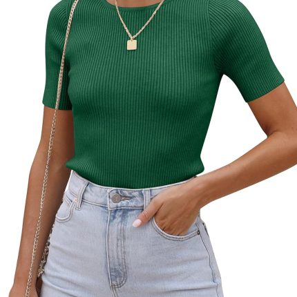 Women's Tops Short Sleeve Trendy Ribbed Knit Basic Tshirts