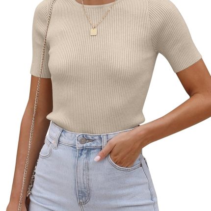 Women's Tops Short Sleeve Trendy Ribbed Knit Basic Tshirts