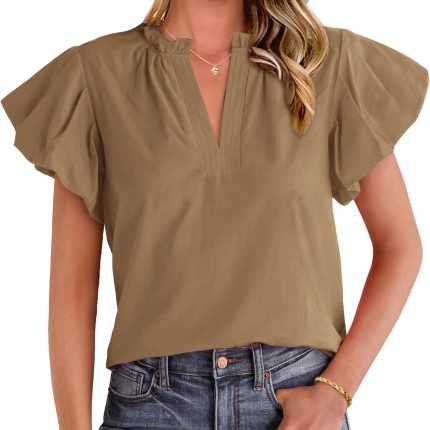 Women's Spring Summer Tops Dressy Casual 2025 Trendy V Neck Puff Short Sleeve Cute Shirts Business Work Blouses