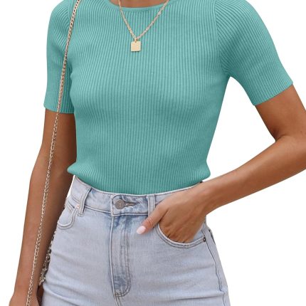 Women's Tops Short Sleeve Trendy Ribbed Knit Basic Tshirts