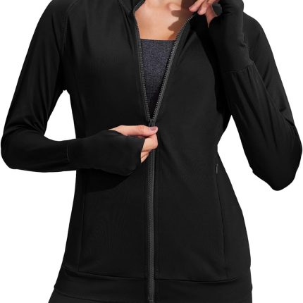 Lightweight Workout Jackets Womens Full Zip Slim Fit Athletic Running Jacket with Thumb Holes