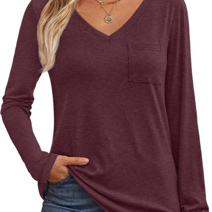 Women's Long Sleeve Shirts V Neck Casual Tops with Pockets Loose Dressy Basic Fall Outfits Clothes Winter Trendy 2025
