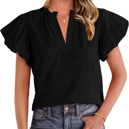 Women's Spring Summer Tops Dressy Casual 2025 Trendy V Neck Puff Short Sleeve Cute Shirts Business Work Blouses