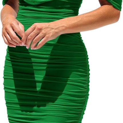 Women's Summer Off The Shoulder Ruched Bodycon Dresses Sleeveless Fitted Party Club Midi
