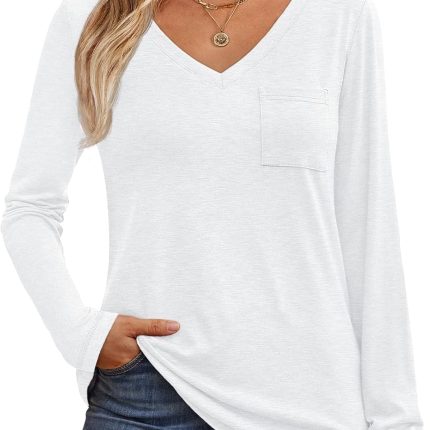 Women's Long Sleeve Shirts V Neck Casual Tops with Pockets Loose Dressy Basic Fall Outfits Clothes Winter Trendy 2025