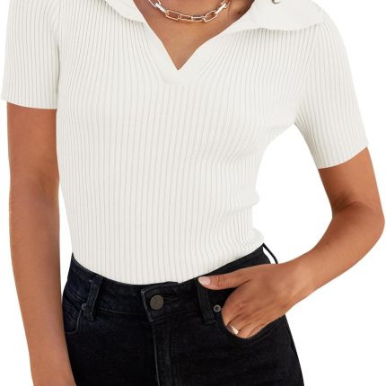 Women's Short Sleeve V Neck T Shirts 2025 Summer Ribbed Knit Slim Fitted Basic Solid Color Tee Tops