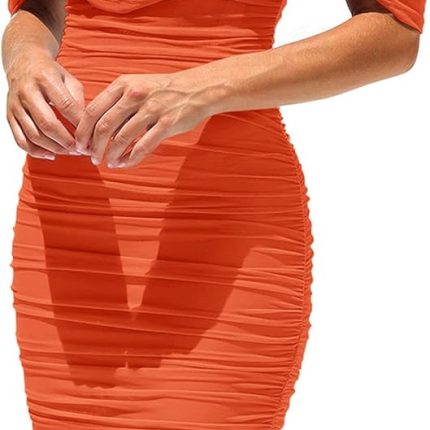 Women's Summer Off The Shoulder Ruched Bodycon Dresses Sleeveless Fitted Party Club Midi