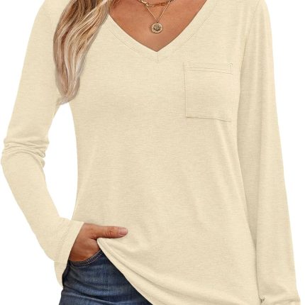 Women's Long Sleeve Shirts V Neck Casual Tops with Pockets Loose Dressy Basic Fall Outfits Clothes Winter Trendy 2025
