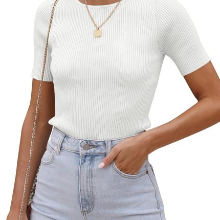 Women's Tops Short Sleeve Trendy Ribbed Knit Basic Tshirts