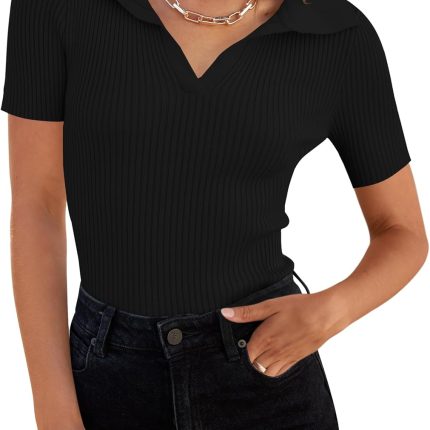 Women's Short Sleeve V Neck T Shirts 2025 Summer Ribbed Knit Slim Fitted Basic Solid Color Tee Tops