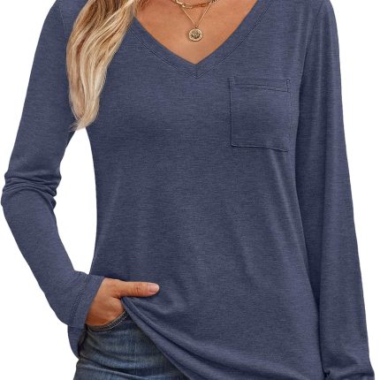Women's Long Sleeve Shirts V Neck Casual Tops with Pockets Loose Dressy Basic Fall Outfits Clothes Winter Trendy 2025