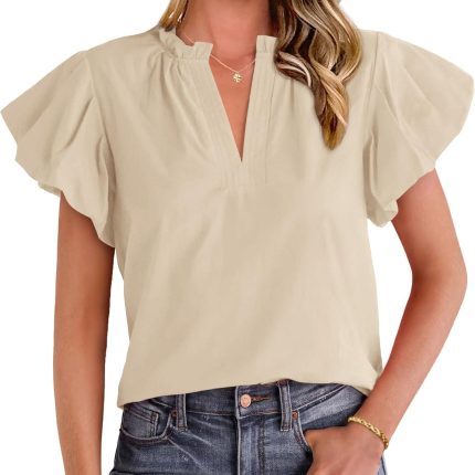 Women's Spring Summer Tops Dressy Casual 2025 Trendy V Neck Puff Short Sleeve Cute Shirts Business Work Blouses