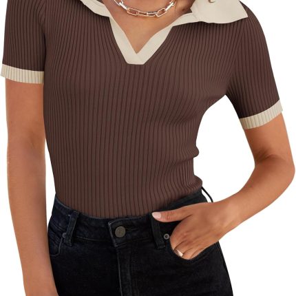 Women's Short Sleeve V Neck T Shirts 2025 Summer Ribbed Knit Slim Fitted Basic Solid Color Tee Tops