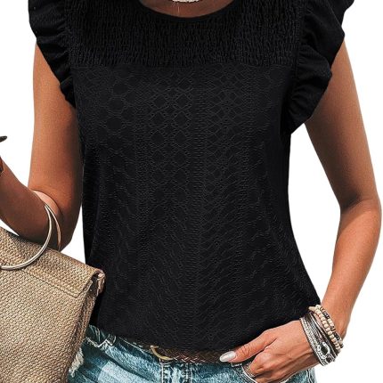 Women's Summer Knit Tops 2025 Hollow Out Crewneck Cute Ruffle Short Sleeve  Women's T Shirts Blouses