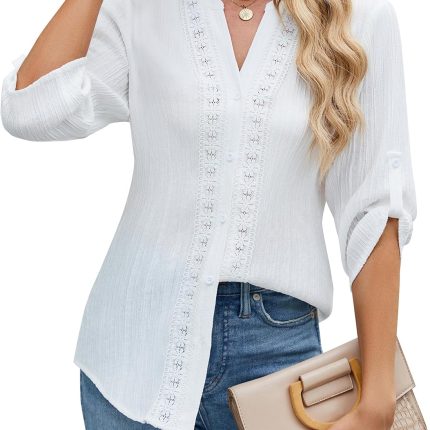 Women's Button Down Shirts Lace Crochet Dressy Casual Tops 3/4 Sleeve Work Summer Outfits 2025