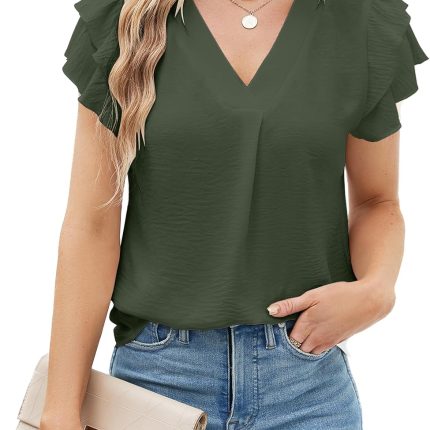 Women's Dressy Casual Shirts Short Sleeve V Neck Work Blouse Business Casual Tops