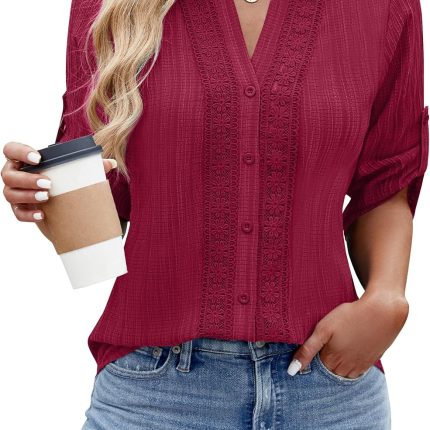 Women's Button Down Shirts Lace Crochet Dressy Casual Tops 3/4 Sleeve Work Summer Outfits 2025