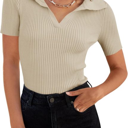 Women's Short Sleeve V Neck T Shirts 2025 Summer Ribbed Knit Slim Fitted Basic Solid Color Tee Tops