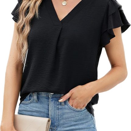 Women's Dressy Casual Shirts Short Sleeve V Neck Work Blouse Business Casual Tops