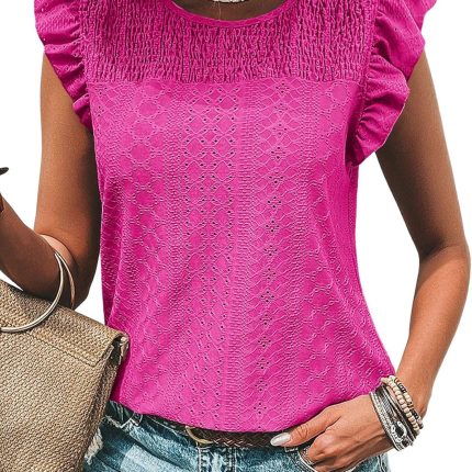 Women's Summer Knit Tops 2025 Hollow Out Crewneck Cute Ruffle Short Sleeve  Women's T Shirts Blouses