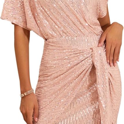 Women's Sequin Sparkly Glitter Party Club Dress One Shoulder Ruched Cocktail Bodycon Dress
