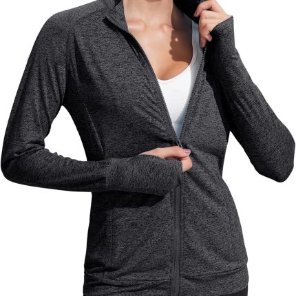 Lightweight Workout Jackets Womens Full Zip Slim Fit Athletic Running Jacket with Thumb Holes