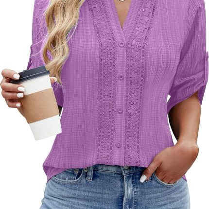 Women's Button Down Shirts Lace Crochet Dressy Casual Tops 3/4 Sleeve Work Summer Outfits 2025